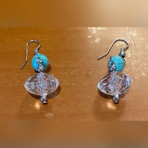 Turquoise Color Bead Faceted Clear Crystal Dangle Earrings Silver Tone Fishhook